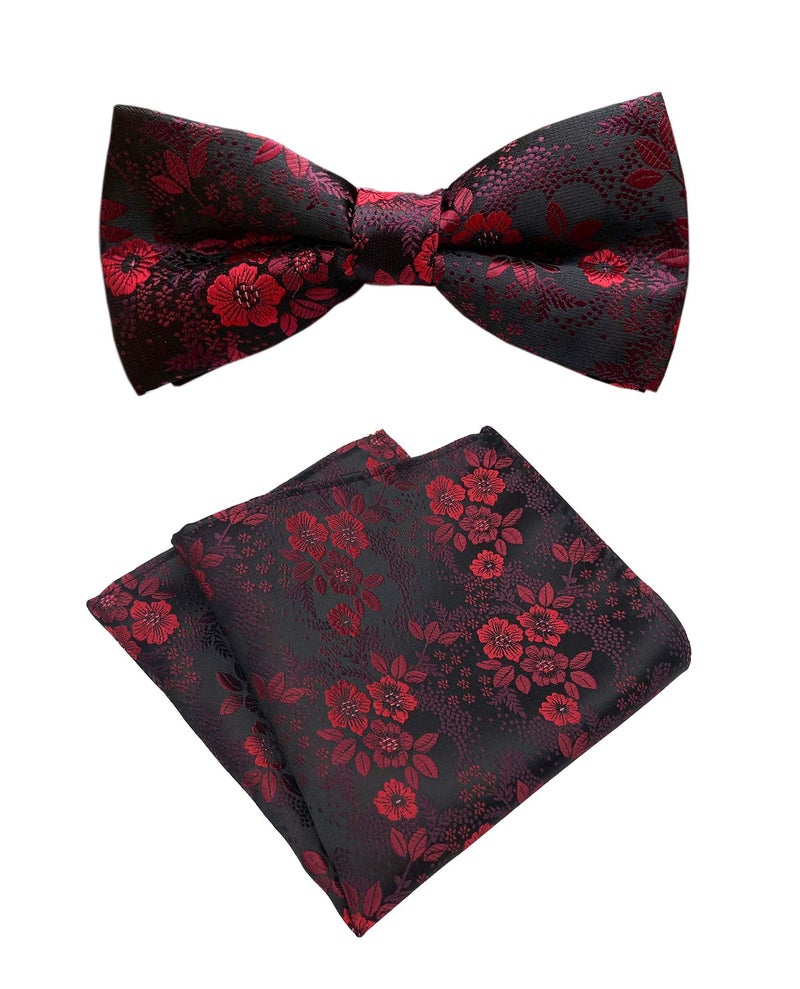Secdtie Men's Children Burgundy Red Black Jacquard Woven Silk Bow Tie Pocket Square Set Formal Business Bowties - Image 1